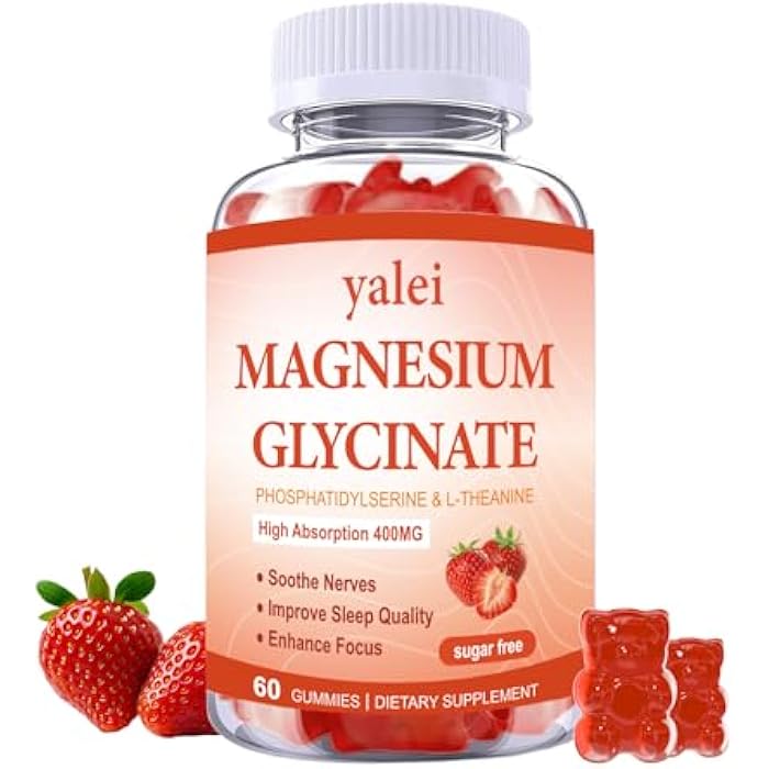 Yalei Magnesium Glycinate Gummies 400mg with L-Theanine,Phosphatidylserine–Sleep, Stress & Muscle Relief, for Adults & Kids, Non-GMO, Vegan, Sugar Free,60 Gummie Strawberry Flavor - Image 1