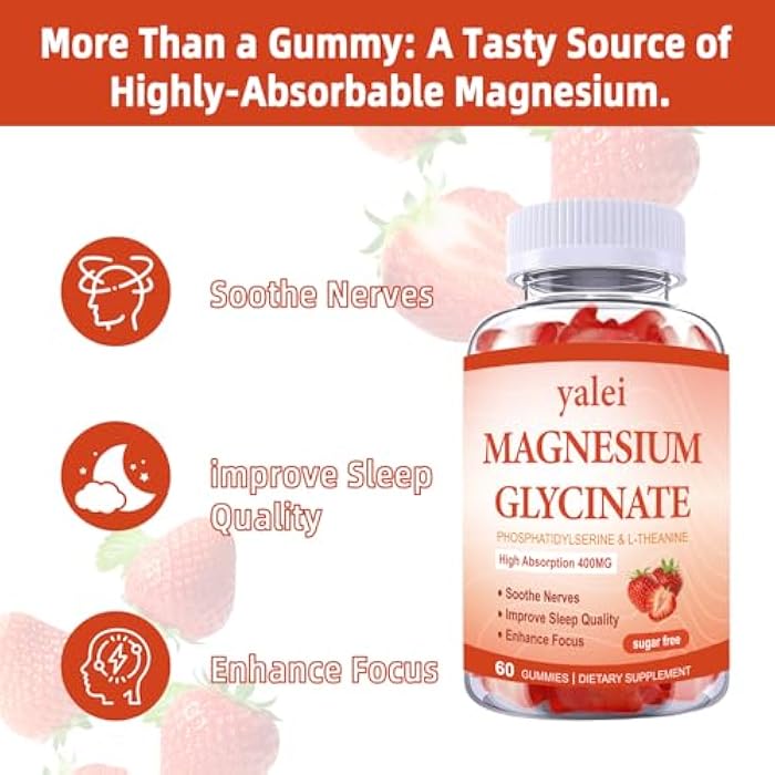 Yalei Magnesium Glycinate Gummies 400mg with L-Theanine,Phosphatidylserine–Sleep, Stress & Muscle Relief, for Adults & Kids, Non-GMO, Vegan, Sugar Free,60 Gummie Strawberry Flavor - Image 3