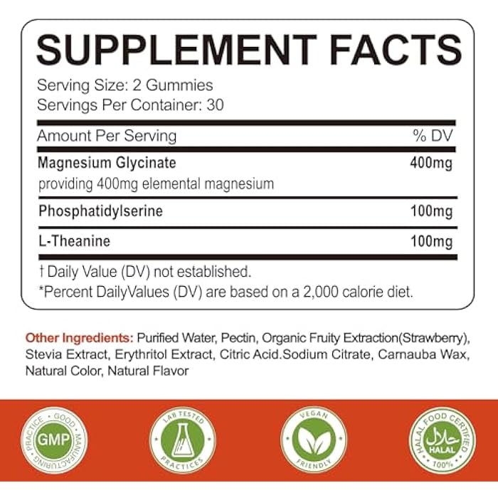 Yalei Magnesium Glycinate Gummies 400mg with L-Theanine,Phosphatidylserine–Sleep, Stress & Muscle Relief, for Adults & Kids, Non-GMO, Vegan, Sugar Free,60 Gummie Strawberry Flavor - Image 2