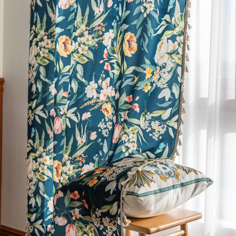 Erbnaryx Boho Floral Curtains French Country Farmhouse Curtains 84 Inches Long Light Filtering Window Rod Pocket Drapes for Living Room 2 Panels-Navy Blue Floral - Image 3