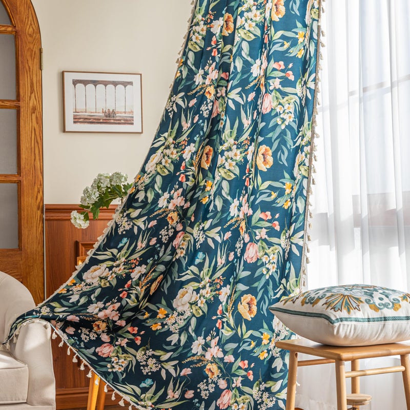 Erbnaryx Boho Floral Curtains French Country Farmhouse Curtains 84 Inches Long Light Filtering Window Rod Pocket Drapes for Living Room 2 Panels-Navy Blue Floral - Image 1