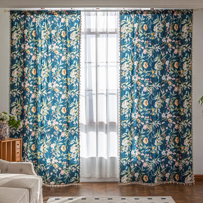 Erbnaryx Boho Floral Curtains French Country Farmhouse Curtains 84 Inches Long Light Filtering Window Rod Pocket Drapes for Living Room 2 Panels-Navy Blue Floral - Image 2