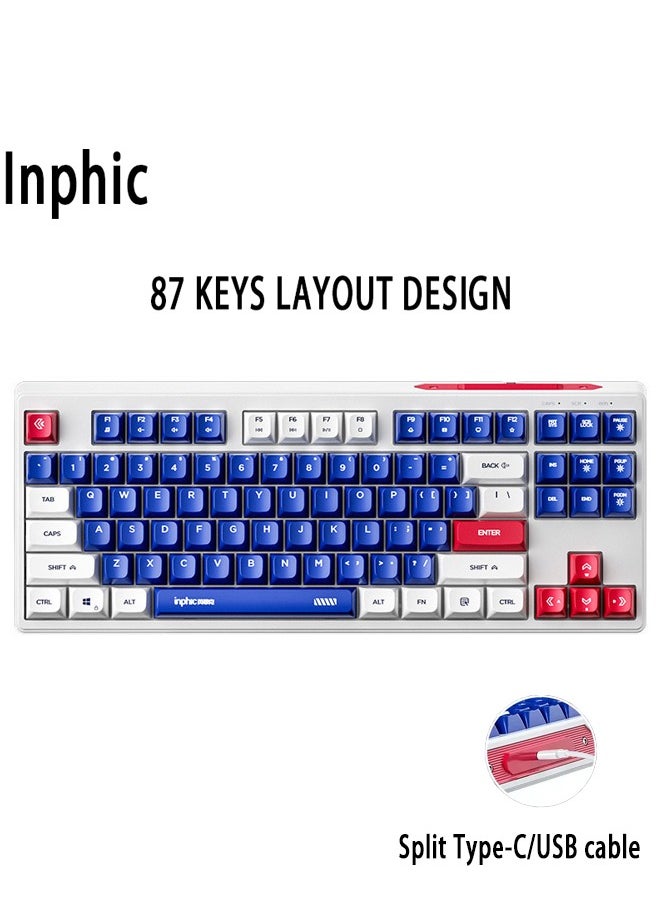 inphic - 87 Keys RGB Gaming Keyboard Wired Waterproof With 26 Keys Anti-ghosting Keyboard and Three-color Keycaps for Gamers(Blue,white and red) - Image 1