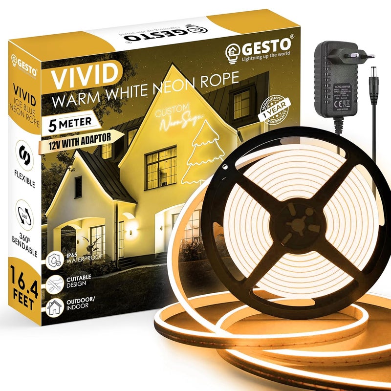 Gesto 16.4 Ft Neon LED Strip Light with 12V Adapter | Waterproof,Flexible & Cuttable Rope Light for Diwali Decor,Wall Decor,Indoor Outdoor Lighting,Neon Sign Board & Custom Name Design – Warm White - Image 1