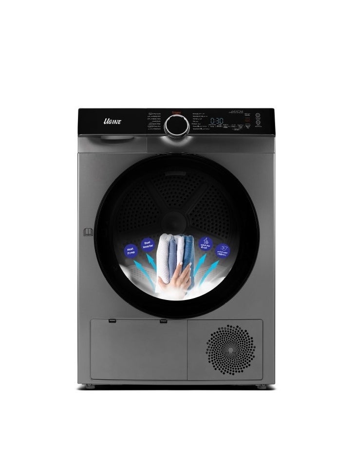UGINE Ugine Condenser Dryer, 10 KG, Front Load, A Class, 70% Energy Saving, Inverter, Steel - UWFMHP10  - Image 1