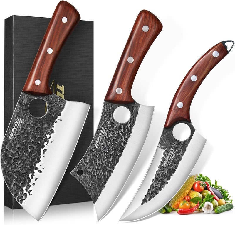 TopFeel 3PCS Butcher Knife Set, Hand Forged Serbian Chef Knives & Meat Cleaver & Viking Knives, Meat Cutting Kitchen Knife Set for Home, Outdoor Cooking, Camping BBQ Gift Idea Men - Image 1
