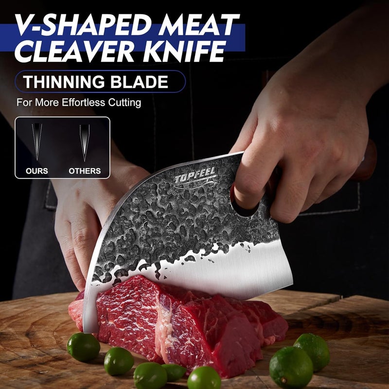 TopFeel 3PCS Butcher Knife Set, Hand Forged Serbian Chef Knives & Meat Cleaver & Viking Knives, Meat Cutting Kitchen Knife Set for Home, Outdoor Cooking, Camping BBQ Gift Idea Men - Image 2