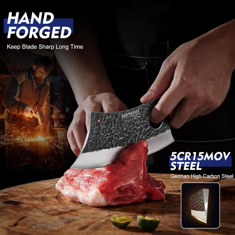 TopFeel 3PCS Butcher Knife Set, Hand Forged Serbian Chef Knives & Meat Cleaver & Viking Knives, Meat Cutting Kitchen Knife Set for Home, Outdoor Cooking, Camping BBQ Gift Idea Men - Image 5