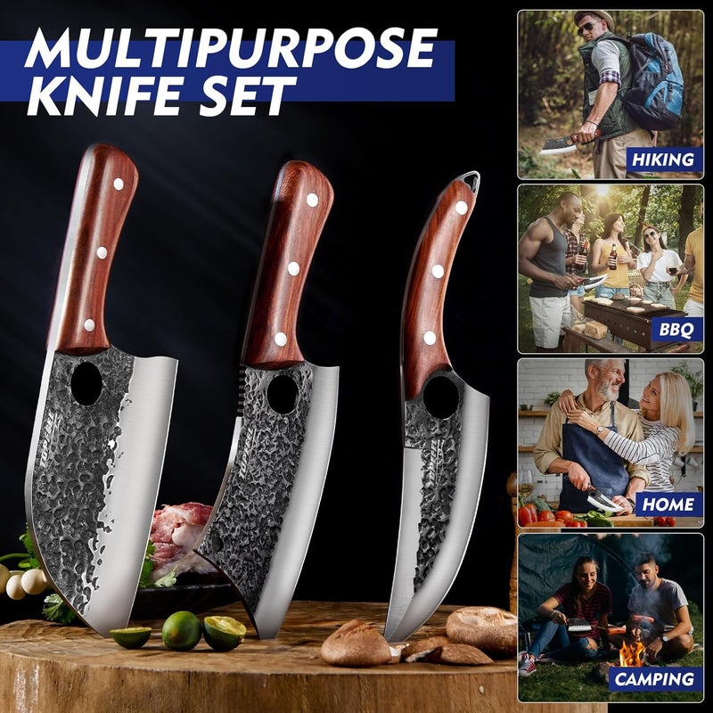 TopFeel 3PCS Butcher Knife Set, Hand Forged Serbian Chef Knives & Meat Cleaver & Viking Knives, Meat Cutting Kitchen Knife Set for Home, Outdoor Cooking, Camping BBQ Gift Idea Men - Image 3