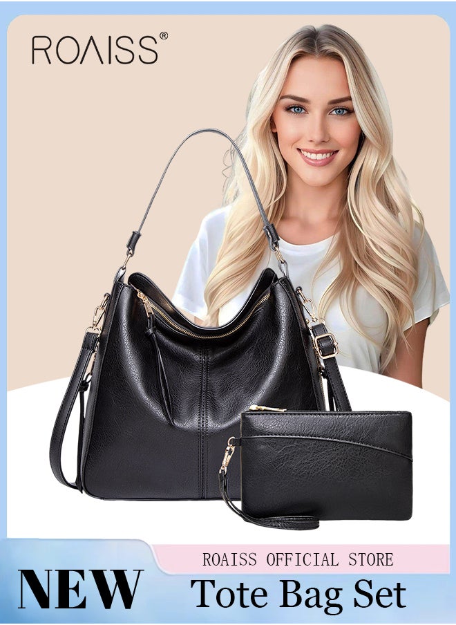 roaiss - Large Crossbody Bags Ladies Shoulder Handbags Purse Set for Women Hobo Totes PU Leather Purses and Handbags Shoulder Bag Vegan Leather Tote Brown - Image 1