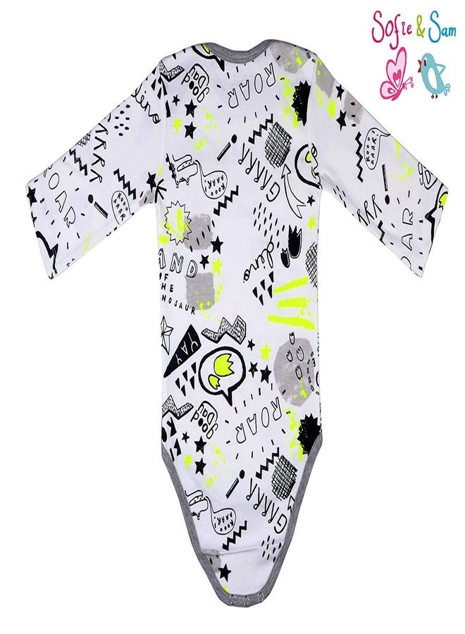 Sofie & Sam Premium Cotton 1 Pc Baby Romper Full Sleeves (3-6) Months - Dianosour/Grey-Yellow - Image 3