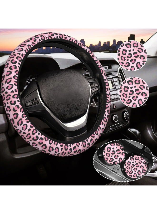Gwwens Steering Wheel Cover for Women,Universal Auto Steering Wheel 14-15 Inch Car Interior Accessories with 2PCS Car Coasters,Suitable for Men and Women (Pink, one Size) - Image 1