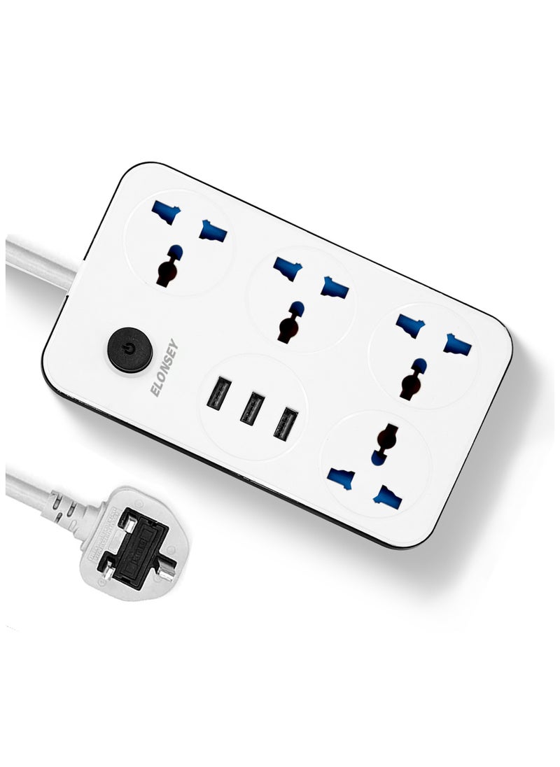 إيلونسي - سلك تمديد طاقة عالمي بطول 5 أمتار مع 4 مقابس طاقة و3 منافذ USB، شريط طاقة 4 اتجاهات مع 3 فتحات USB، وصلة تمديد 5 أمتار - Image 1