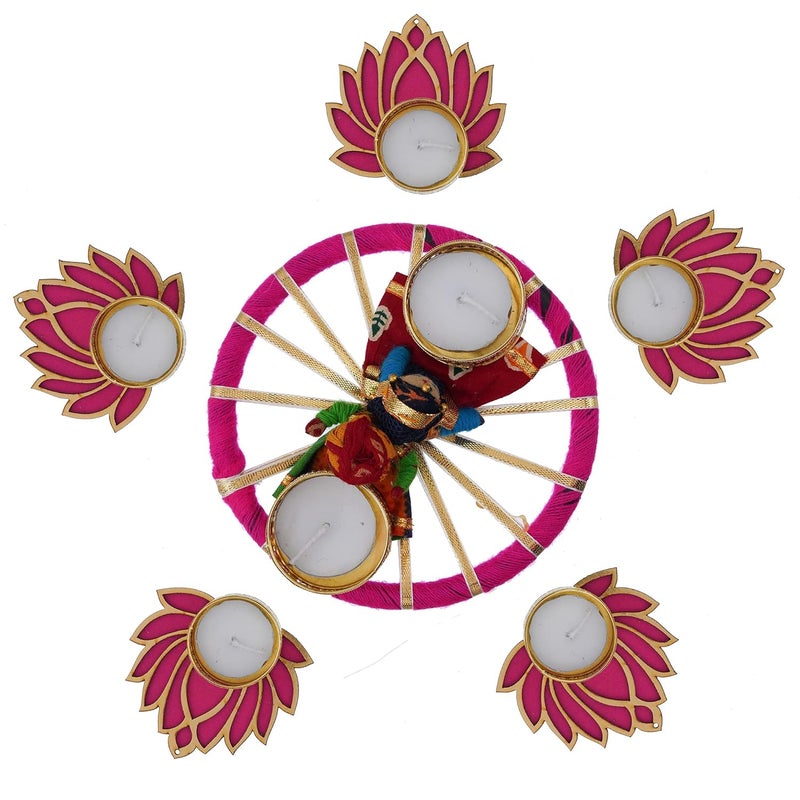 Sanvatsar Sanvatsar Home Decorative Lotus Diya Rangoli Puppets Rangoli with lotus Diya Diwali Diya Diwali Decoration Home Decoration Set of 5 Lotus Diya 1 Rangoli Pink 