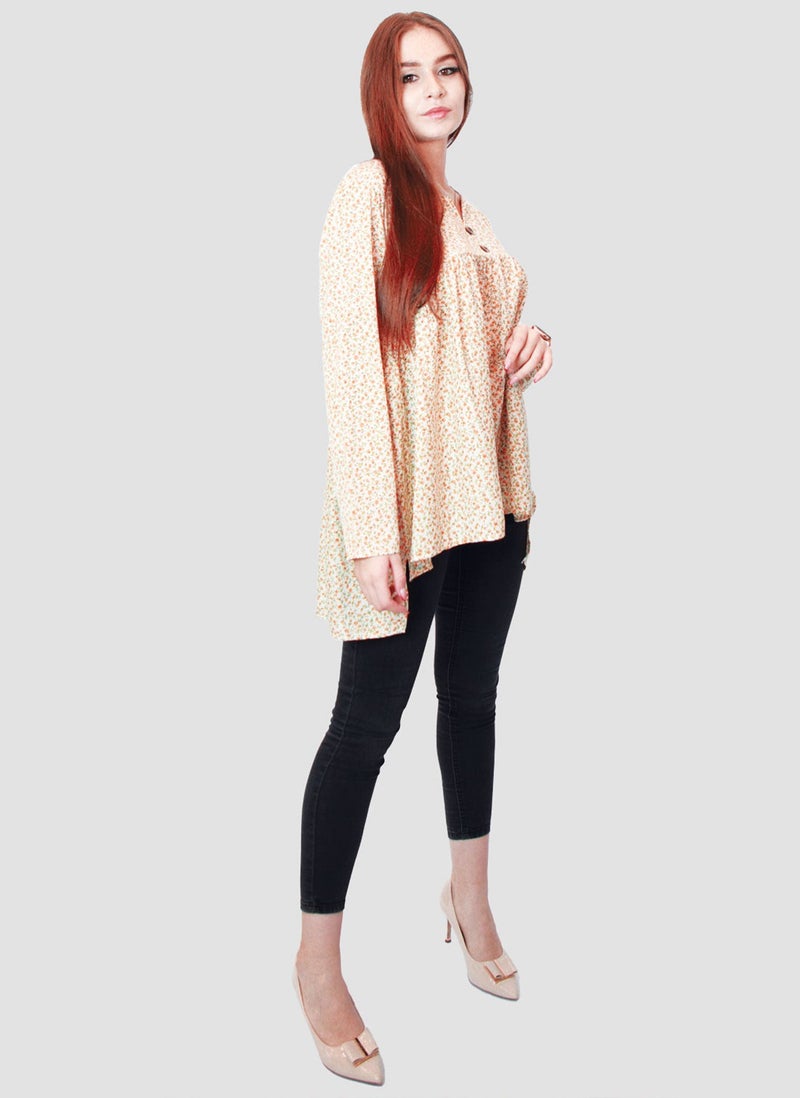 Kidwala Top For Women, Tees & Blouses Print Pullover Floral Orange & Green Blouse, V Nick With Full Sleeves, Loose Fit Blouse With Ruffled Puff Long Top - Image 2