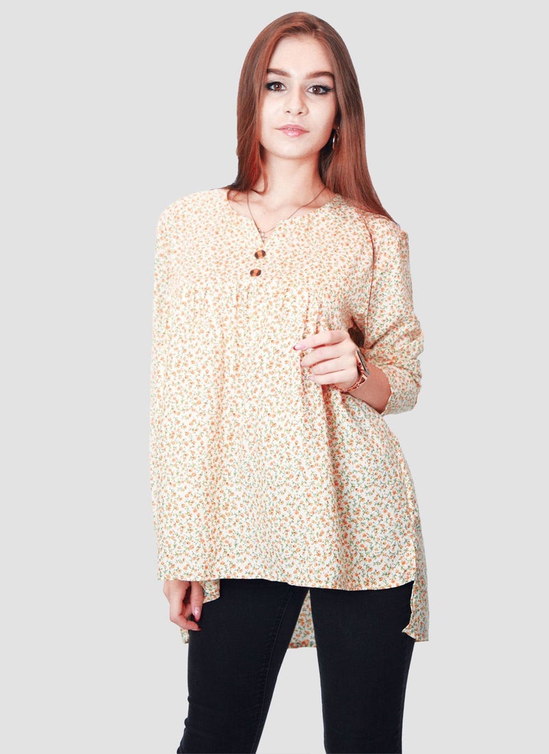Kidwala Top For Women, Tees & Blouses Print Pullover Floral Orange & Green Blouse, V Nick With Full Sleeves, Loose Fit Blouse With Ruffled Puff Long Top - Image 4