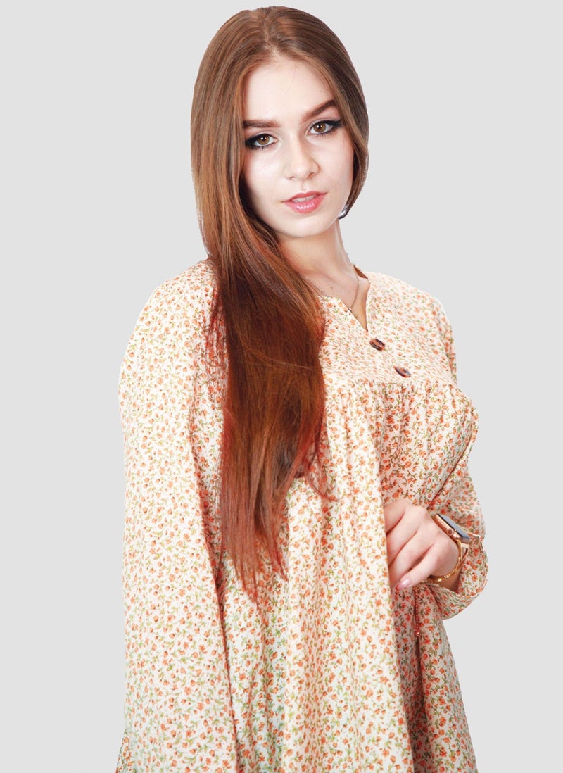 Kidwala Top For Women, Tees & Blouses Print Pullover Floral Orange & Green Blouse, V Nick With Full Sleeves, Loose Fit Blouse With Ruffled Puff Long Top - Image 1