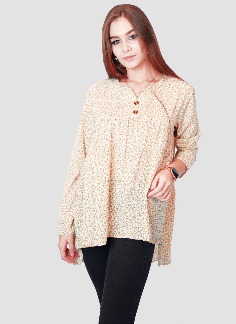 Kidwala Top For Women, Tees & Blouses Print Pullover Floral Orange & Green Blouse, V Nick With Full Sleeves, Loose Fit Blouse With Ruffled Puff Long Top - Image 3
