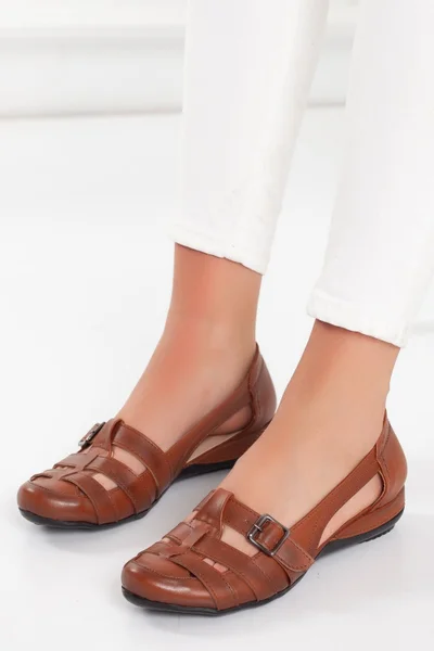 Dilimler Ayakkabı Slices Shoes Buckle Tan Women's Ballerinas