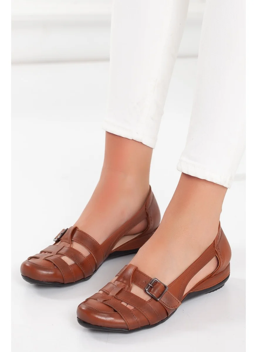 Dilimler Ayakkabı Slices Shoes Buckle Tan Women's Ballerinas