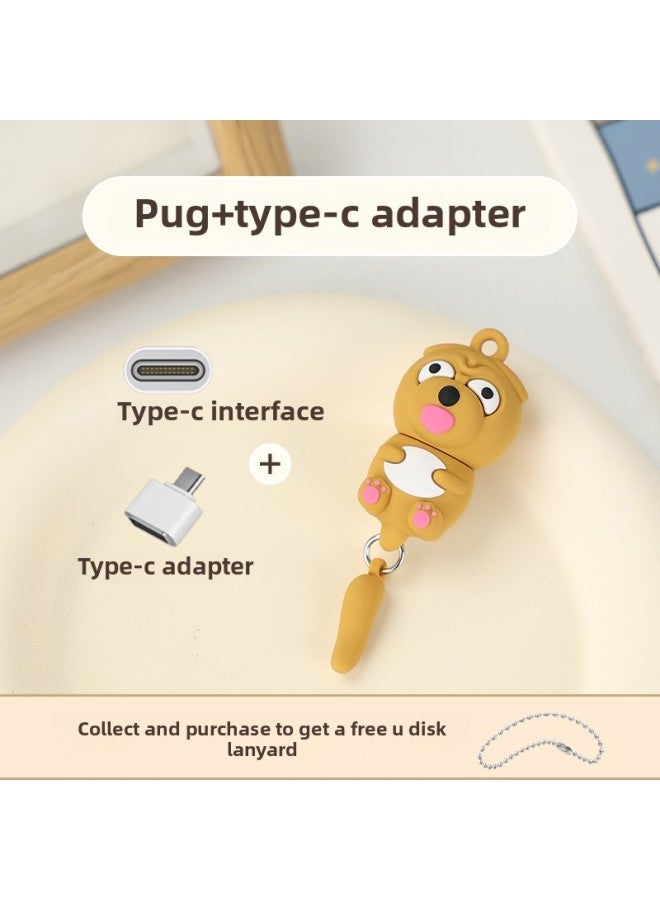 Creative Cartoon Cute Fun Animal U Disk Mobile Phone Computer Dual-use Activity Doll Gift Usb Flash Drive Custom Usb-Color:Pug + Type-c Adapter-Capacity:128GB-3.0  - Image 1