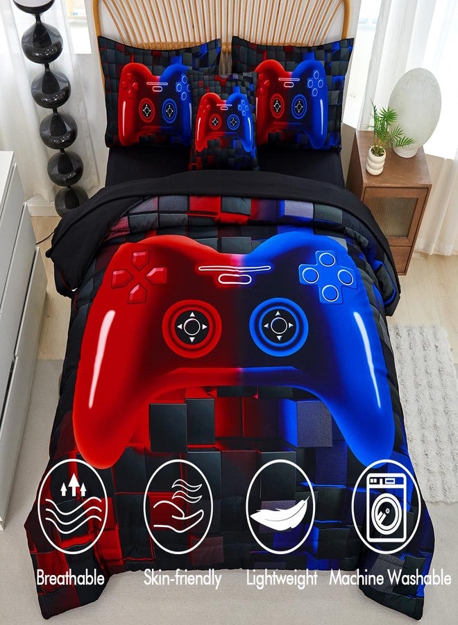 PERFEMET 6 Pieces Kids Comforter Sets Twin Size Red and Blue Game Console Bedding Set for Boys Girls Soft Fluffy 3D Cool Teen Gamer Bed in A Bag for All Seasons(Red Blue, Twin) - Image 4
