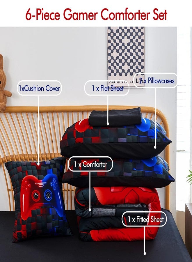 PERFEMET 6 Pieces Kids Comforter Sets Twin Size Red and Blue Game Console Bedding Set for Boys Girls Soft Fluffy 3D Cool Teen Gamer Bed in A Bag for All Seasons(Red Blue, Twin) - Image 3