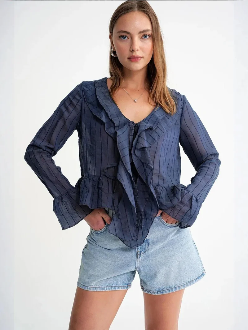 MixRay Mixray Frilly V-neck Striped Blouse with Tie Closure