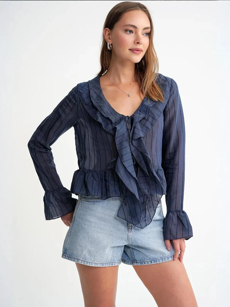 MixRay Mixray Frilly V-neck Striped Blouse with Tie Closure