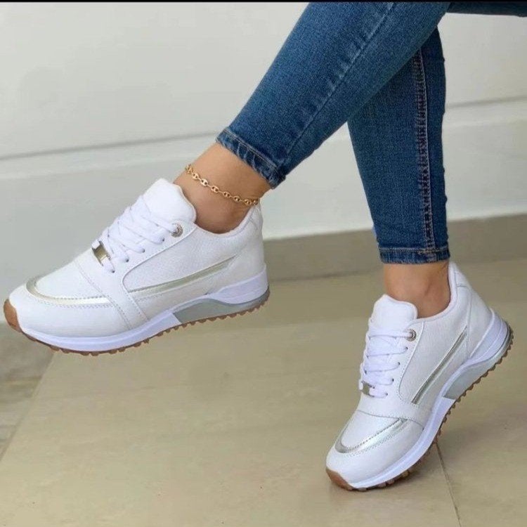 Large Size Cross-Lace Platform Sole Walking Casual Sports Shoes Flats Flat Round Toe Color Matching Shoes - Image 2