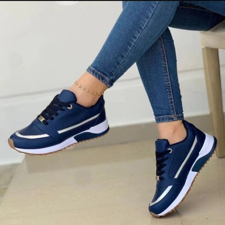 Large Size Cross-Lace Platform Sole Walking Casual Sports Shoes Flats Flat Round Toe Color Matching Shoes - Image 5
