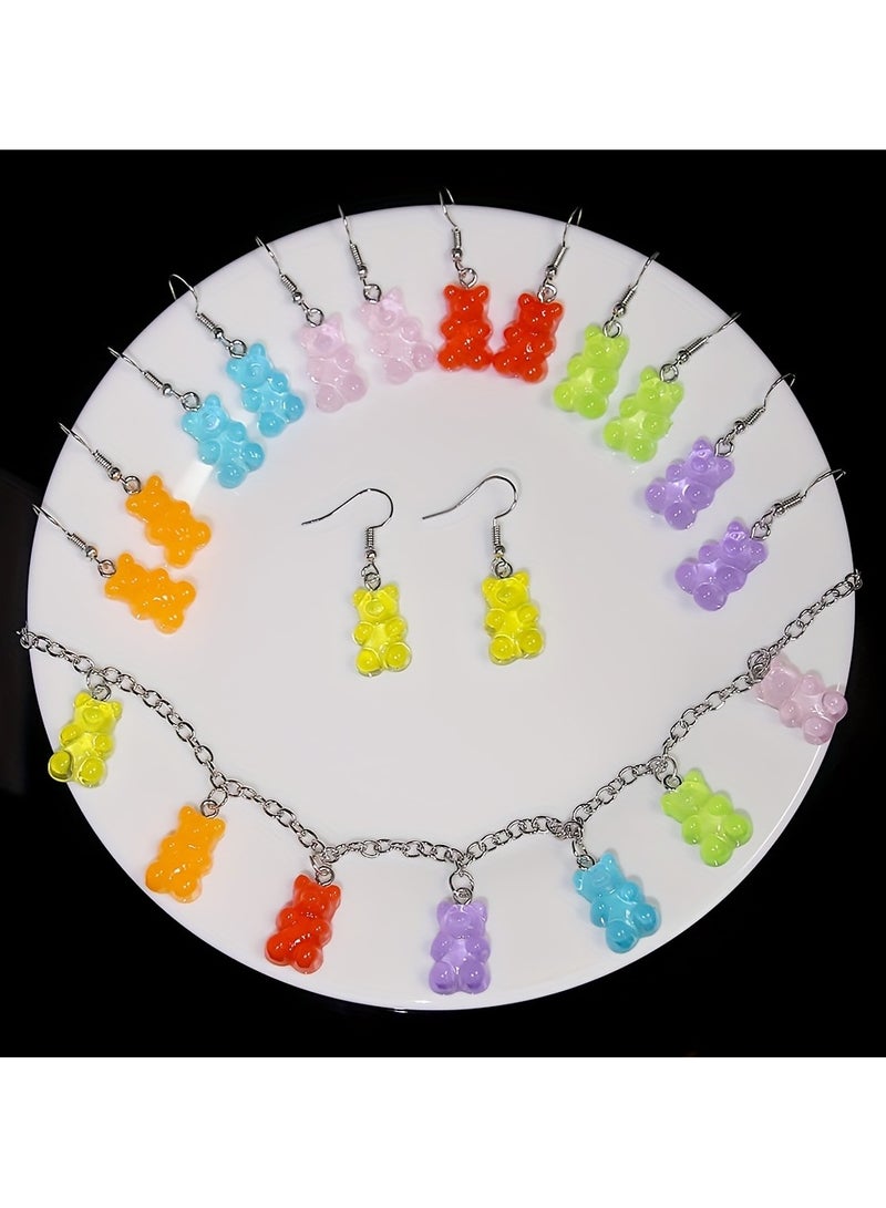 1 Set Of 15 Cute Bear Necklace Earrings Resin Candy Color Cartoon Pendants, Fashion Girls Necklace  - Image 3