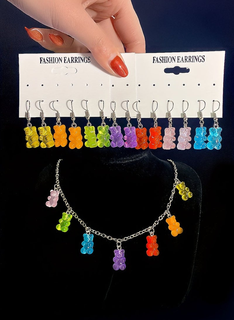 1 Set Of 15 Cute Bear Necklace Earrings Resin Candy Color Cartoon Pendants, Fashion Girls Necklace  - Image 1