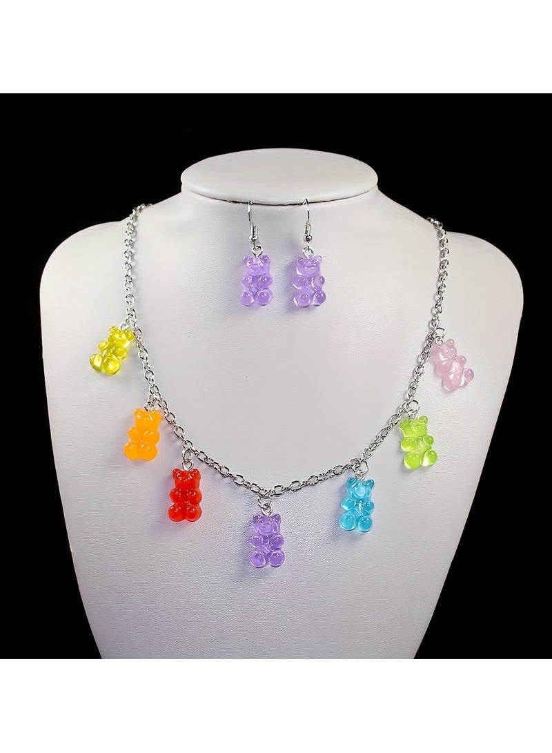 1 Set Of 15 Cute Bear Necklace Earrings Resin Candy Color Cartoon Pendants, Fashion Girls Necklace  - Image 4
