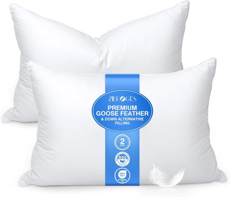 zibroges Goose Feather Pillow Queen Size Pack of 2 - Down Hotel Bed Pillows for Sleeping, Soft 600 Thread Count Cotton Cover, Fluffy Support Surround Fill Polyester for Back, Stomach, Side Sleepers - Image 1