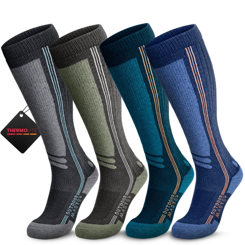 OutdoorMaster Thermolite Merino Wool Ski Socks, Compression Thermal Snowboarding Socks for Men & Women, Cold Weather, Gray+green+cyan+blue, L - Image 1