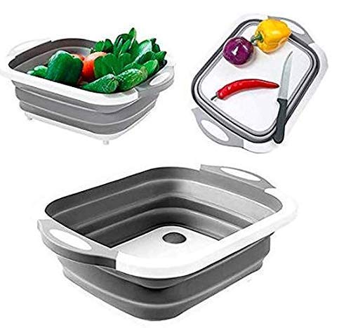 MIRARIYA Plastic and Silicone Vegetable Fruit Collapsible Cutting Board Wash and Drain Multifunction Foldable Sink Storage Space Saving Basket with Spoon Holder Dish Tub1 pcs Gray - Image 4