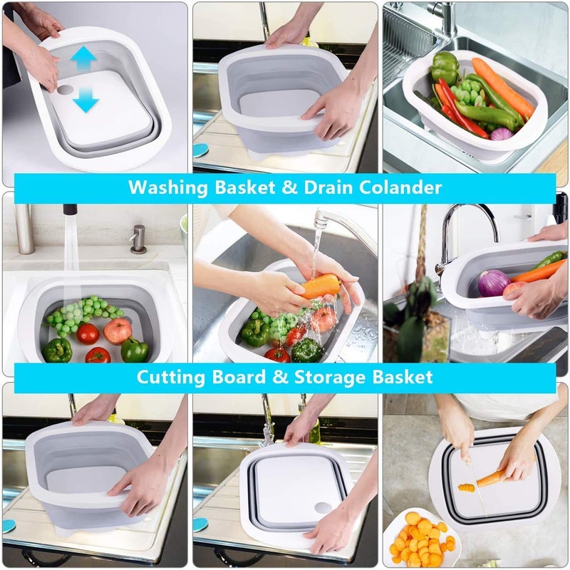 MIRARIYA Plastic and Silicone Vegetable Fruit Collapsible Cutting Board Wash and Drain Multifunction Foldable Sink Storage Space Saving Basket with Spoon Holder Dish Tub1 pcs Gray - Image 5