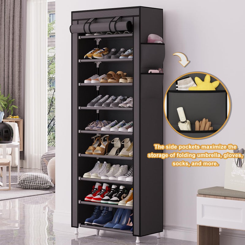 Calmootey 9 Tier Shoe Rack Organizer,Portable Shoe Shelf with Nonwoven Fabric Cover for Closet Hallway,Bedroom,Entryway,Grey - Image 4