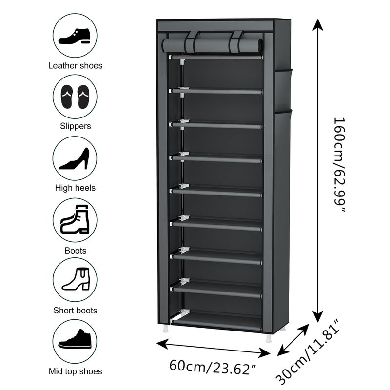 Calmootey 9 Tier Shoe Rack Organizer,Portable Shoe Shelf with Nonwoven Fabric Cover for Closet Hallway,Bedroom,Entryway,Grey - Image 3