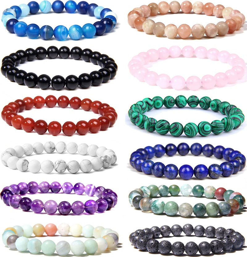 WAINIS 12PCS 8mm Semi-precious Beaded Bracelets for Men Women Stretch Round Bead Crystal Gemstones Bracelets Unisex - Image 2