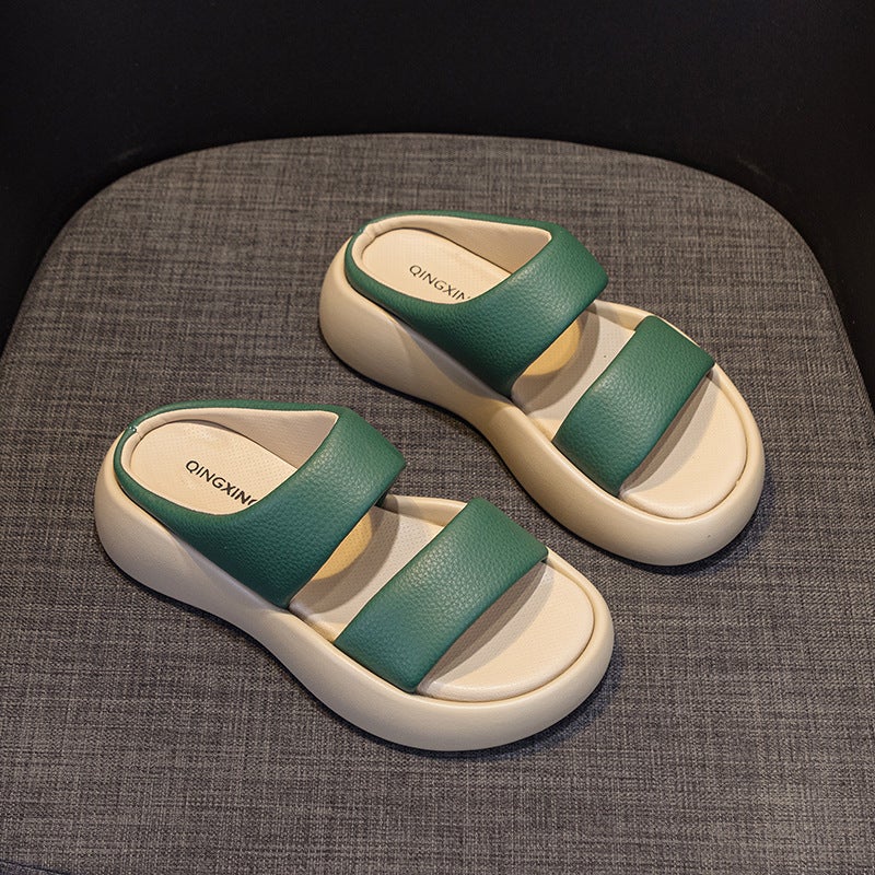 Internet Celebrity''s Same Style Round-Toe Thick-Soled Wide-Brimmed Double-Word Strap Thick-Soled Soft Elastic Leather Sandals and Slippers for Women Summer - Image 1