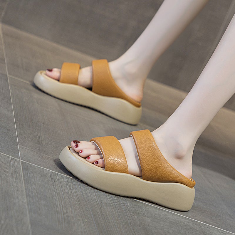 Internet Celebrity''s Same Style Round-Toe Thick-Soled Wide-Brimmed Double-Word Strap Thick-Soled Soft Elastic Leather Sandals and Slippers for Women Summer - Image 3