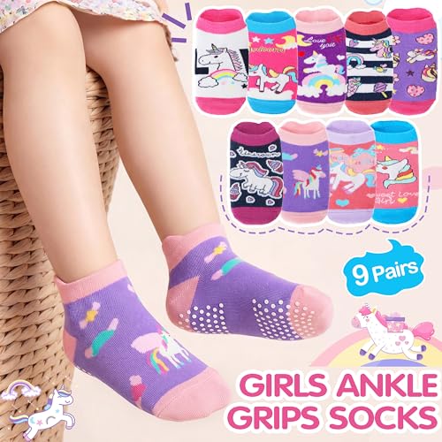 Welwoos Baby Girls Toddlers Grips Socks Kids Non Slip Anti Skid Ankle Unicorn Gift Cotton No Show Socks with Grippers 9 Pairs (Rainbow Unicorn, 1-3 Y) - Image 3
