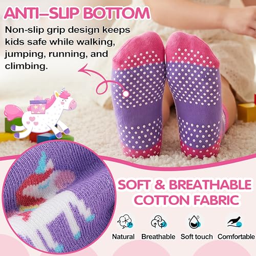 Welwoos Baby Girls Toddlers Grips Socks Kids Non Slip Anti Skid Ankle Unicorn Gift Cotton No Show Socks with Grippers 9 Pairs (Rainbow Unicorn, 1-3 Y) - Image 5