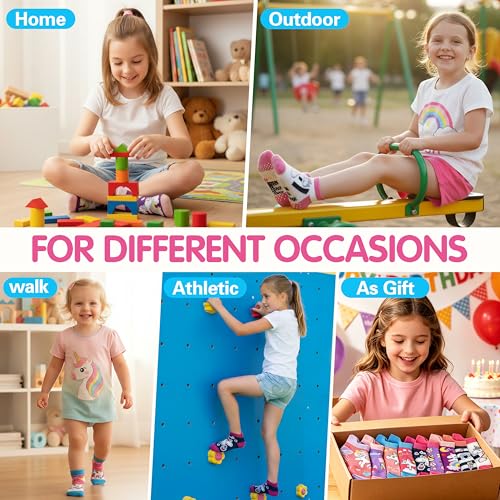 Welwoos Baby Girls Toddlers Grips Socks Kids Non Slip Anti Skid Ankle Unicorn Gift Cotton No Show Socks with Grippers 9 Pairs (Rainbow Unicorn, 1-3 Y) - Image 2