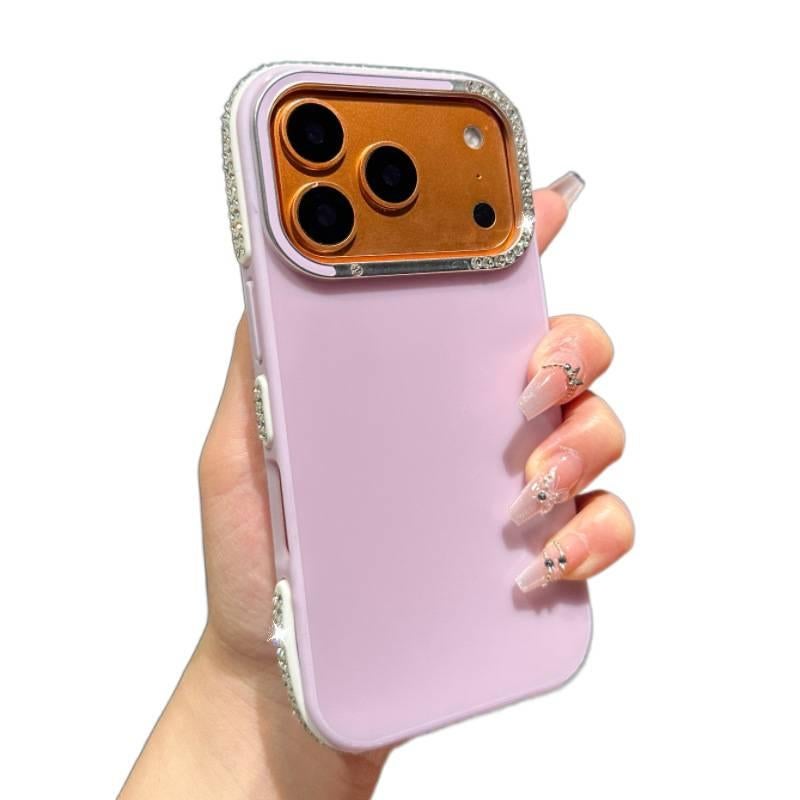 MS غطاء واقي بسيليكون لـ iPhone 16 / 16 Plus / 16 Pro / 16 Pro Max مع إطار عدسة ماسي ومرآة مكياج على شكل قلب مع مقاوم للصدمات مع حامل قائم مع حماية من السقوط باللون بنفسجي بوظيفة حام. - Image 1