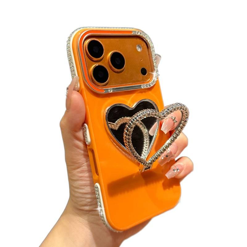MS غطاء واقي بسيليكون لـ iPhone 16 / 16 Plus / 16 Pro / 16 Pro Max مع إطار عدسة ماسي ومرآة مكياج على شكل قلب مع مقاوم للصدمات مع حامل قائم مع حماية من السقوط باللون بنفسجي بوظيفة حام. - Image 3