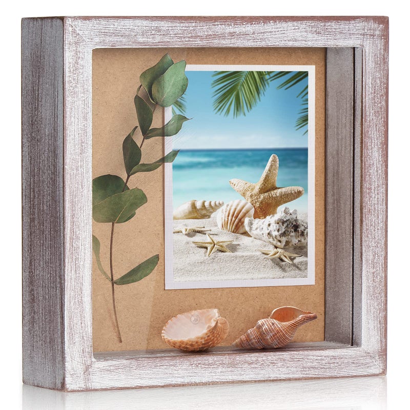 TJMOREE Small Shadow Box Frame 5 x 5 Shadowbox Display Case Wooden Picture Frame with Glass Wedding Memorabilia Medals Photos for Wall and Tabletop  Whitewashed Red