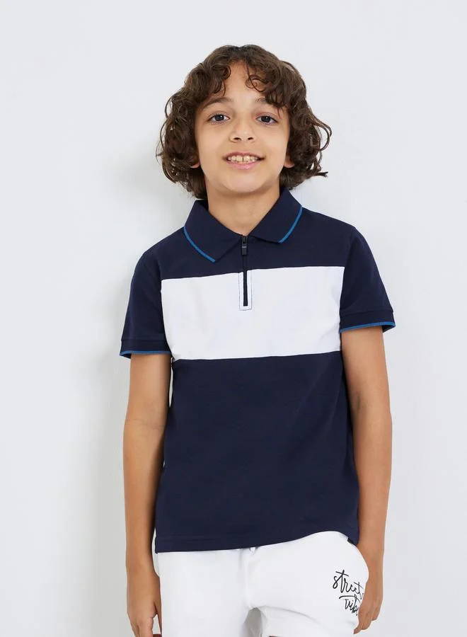 Styli Boys Navy Blue Color Block Polo T-Shirt with Zipper